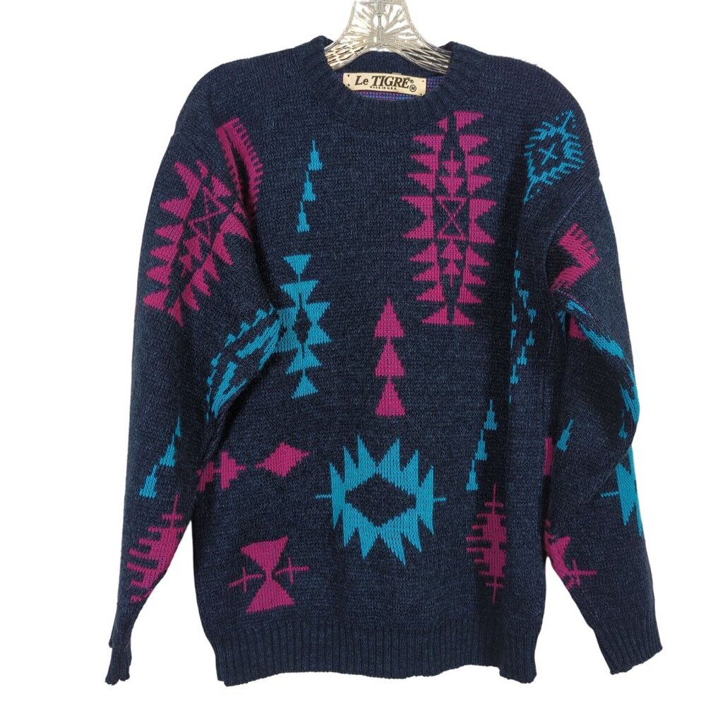 Vintage Le Tigre Blue Sweater M Navajo Aztec Geometric Pullover‎ 80s 90s